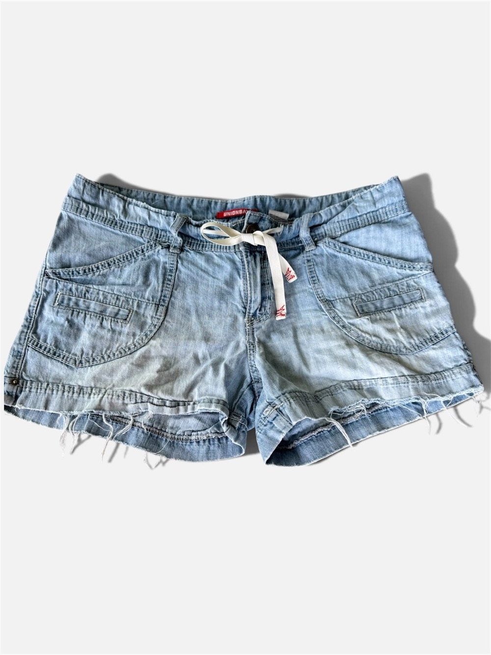 Vintage 90s Y2K Union Bay Light Blue Distressed Low Rise Utility Jean Shorts 7